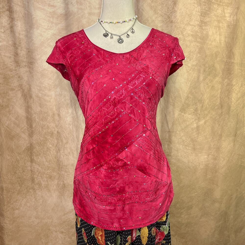 Sequined Embroidered Top Pink Short Sleeve Open Back Vintage Y2K Boho Party